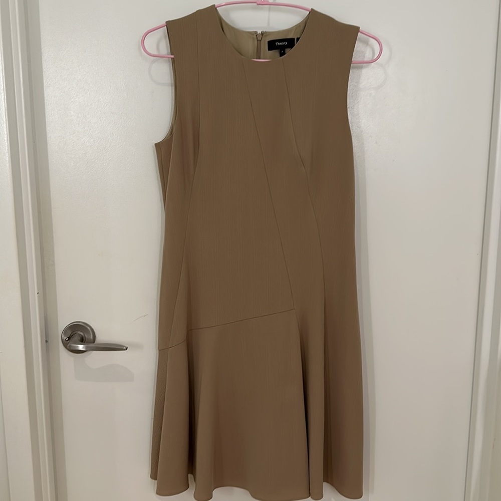 Theory Fit-And-Flare Dress in Striped Admiral Crepe in Beige Brown